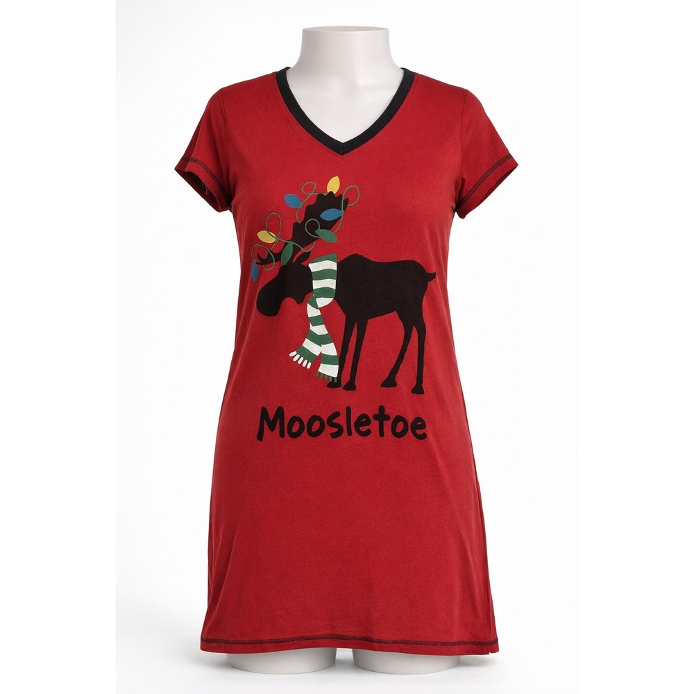 Moosletoe Christmas Nightgown Sleep Shirt Moose Holiday Pajama Dress Women's S/M